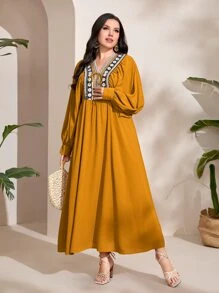 Mulvari 大碼幾何印花燈籠袖娃娃裙 - 芥末黃 - 查看 7