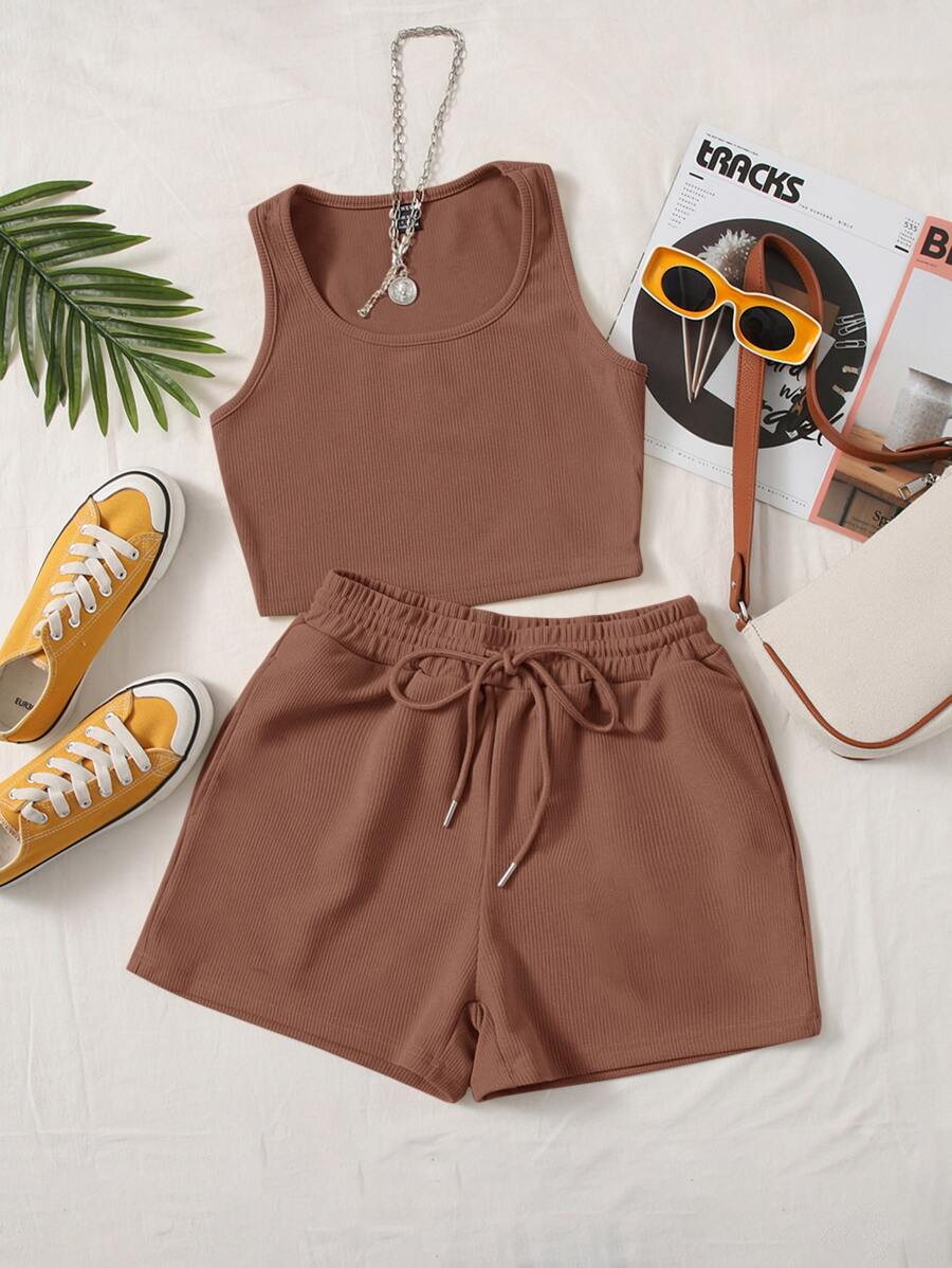 SHEIN EZwear Solid Tank Top & Drawstring Waist Shorts