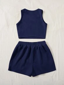 SHEIN EZwear 大碼素色背心上衣和腰部抽繩短褲 - 藏蓝色 - 查看 2