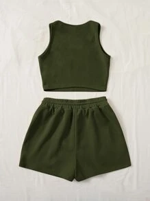 SHEIN EZwear Bộ thời trang Plus Size Dây kéo Túi Gân đan màu trơn Giải trí - xanh quân đội - Xem 2