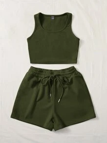 SHEIN EZwear Bộ thời trang Plus Size Dây kéo Túi Gân đan màu trơn Giải trí - xanh quân đội - Xem 3