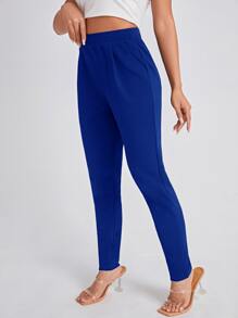 SHEIN Essnce Solid Slant Pocket Skinny Pants - Blue - View 4