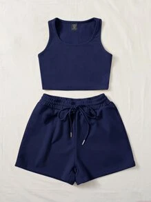 SHEIN EZwear 大碼素色背心上衣和腰部抽繩短褲 - 藏蓝色 - 查看 3