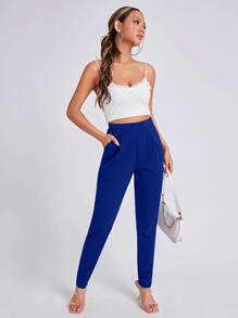SHEIN Essnce Solid Slant Pocket Skinny Pants - Blue - View 6