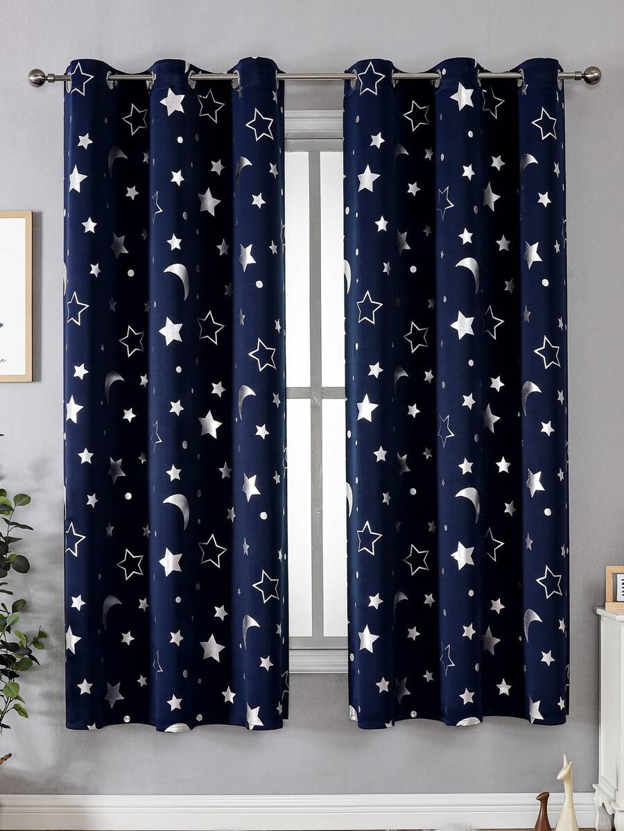 1pc Star & Moon Pattern Wide Blackout Curtain, Heat Insulation, UV Protection, Ring Top Home Decoration Curtain, Suitable For Multi-Purpose Use In Living Room, Bedroom, Outdoor Sunshade, Gift - Navy Blue - View 1