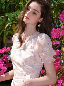 Floral Jacquard Puff Sleeve Ruffle Hem Dress - Multicolor - View 3