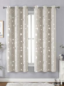1pc Star & Moon Printed Blackout Curtain, With Heat Insulation, UV Protection And Top Ring For Home Decoration, Suitable For Multiple Scenes, Living Room Bedroom Outdoor Sunshade Curtain, Gift Included - Beige - View 1