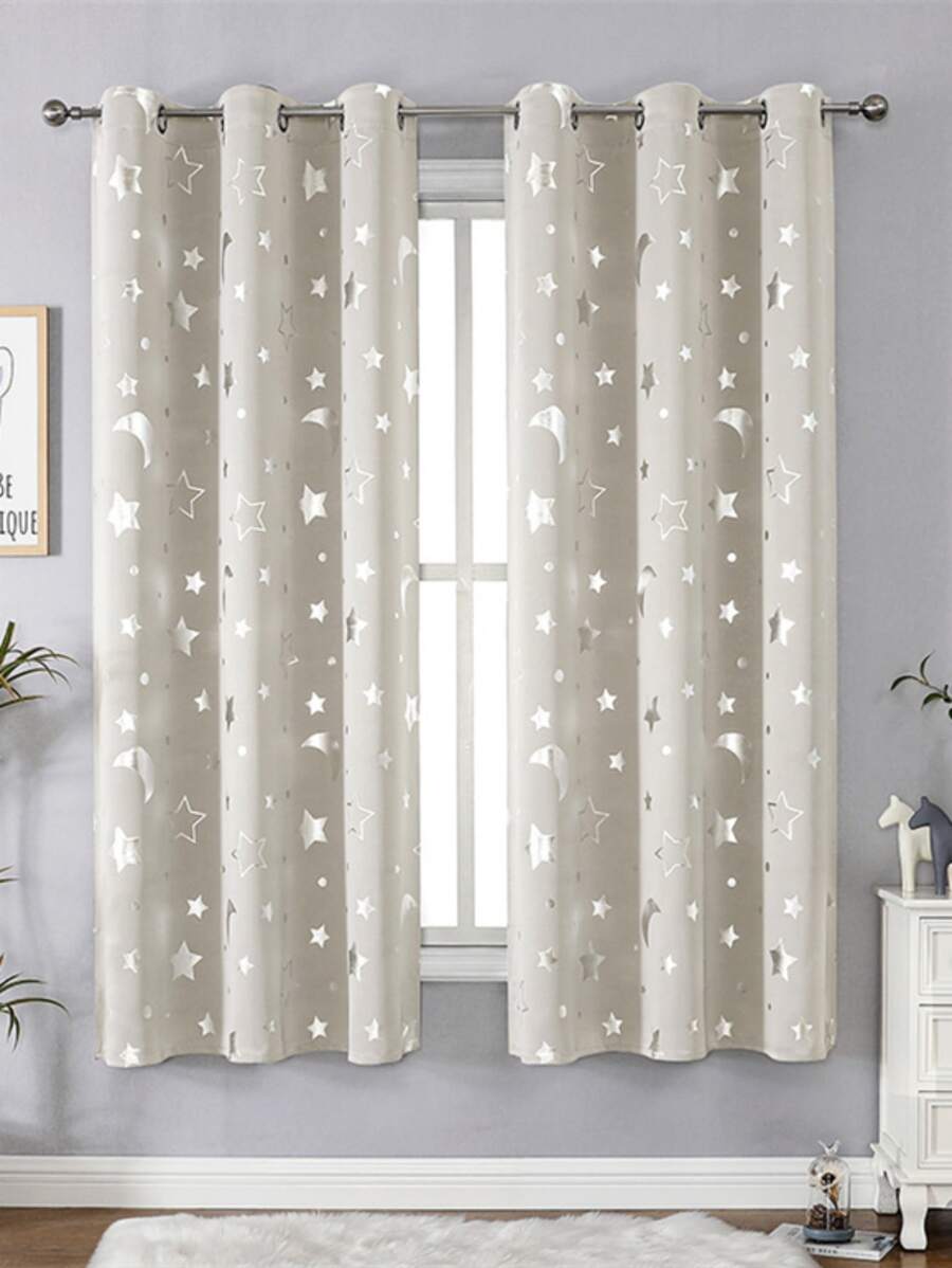 1pc Star & Moon Printed Blackout Curtain, With Heat Insulation, UV Protection And Top Ring For Home Decoration, Suitable For Multiple Scenes, Living Room Bedroom Outdoor Sunshade Curtain, Gift Included - Beige - View 1