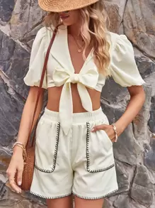 SHEIN LUNE Tie Front Puff Sleeve Crop Top & Shorts - Beige - View 1