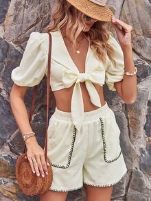 SHEIN LUNE Tie Front Puff Sleeve Crop Top & Shorts - Beige - View 4