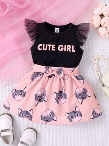 Baby Letter Graphic Ruffle Trim Tee & Cartoon Graphic Bow Front Shorts - Multicolor - View 1