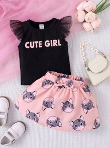 Baby Letter Graphic Ruffle Trim Tee & Cartoon Graphic Bow Front Shorts - Multicolor - View 3