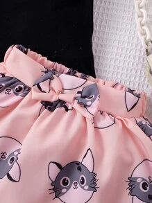 Baby Letter Graphic Ruffle Trim Tee & Cartoon Graphic Bow Front Shorts - Multicolor - View 4