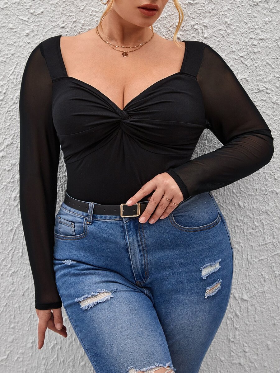 SHEIN Privé Camiseta girante delantero de malla en contraste - Negro - Ver 1