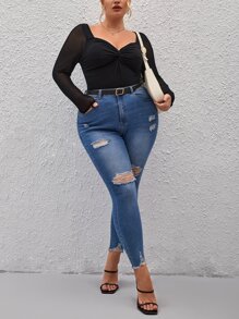 SHEIN Privé Camiseta girante delantero de malla en contraste - Negro - Ver 11