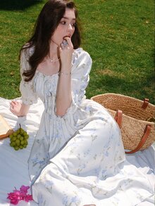 印花大圓領前繫帶連衣裙 - 白色 - 查看 4