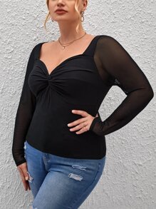 SHEIN Privé Camiseta girante delantero de malla en contraste - Negro - Ver 9