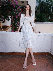 印花大圓領前繫帶連衣裙 - 白色 - 查看 8