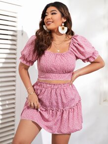 SHEIN VCAY Plus Ditsy Floral Print Puff Sleeve Crop Top & Ruffle Hem Skirt - Pink - View 4
