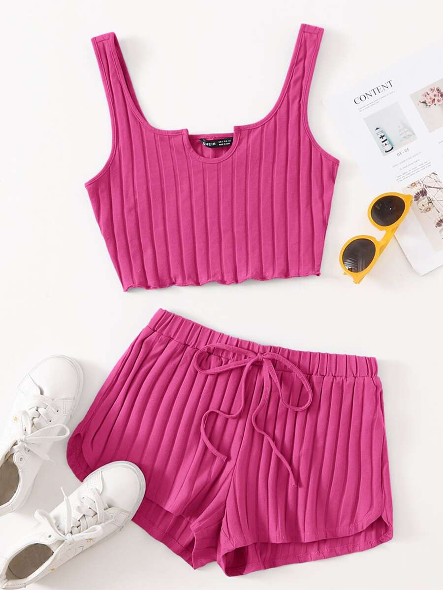 SHEIN EZwear Notched Neck Rib-knit Tank Top & Shorts Set - Hot Pink - View 1