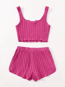 SHEIN EZwear Notched Neck Rib-knit Tank Top & Shorts Set - Hot Pink - View 2