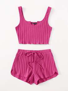 SHEIN EZwear Notched Neck Rib-knit Tank Top & Shorts Set - Hot Pink - View 3