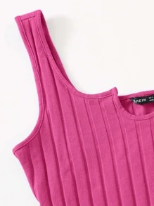 SHEIN EZwear Notched Neck Rib-knit Tank Top & Shorts Set - Hot Pink - View 4