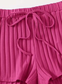 SHEIN EZwear Notched Neck Rib-knit Tank Top & Shorts Set - Hot Pink - View 5
