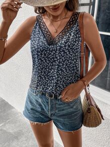 SHEIN LUNE Áo khoác và áo lót dành cho xe tăng nữ Tương phản ren Họa tiết hoa Boho - Màu xanh hải quân - Xem 5