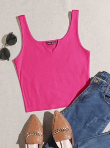 SHEIN EZwear Notched Neck Rib-knit Tank Top - Hot Pink - View 1