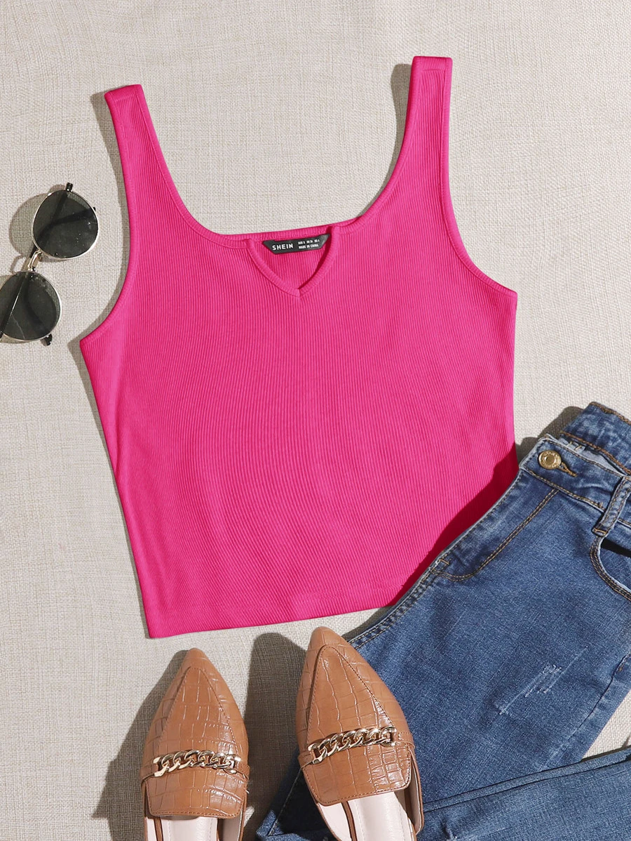 SHEIN EZwear Notched Neck Rib-knit Tank Top - Hot Pink - View 1