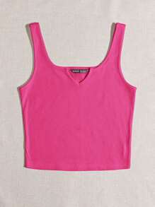 SHEIN EZwear Notched Neck Rib-knit Tank Top - Hot Pink - View 4