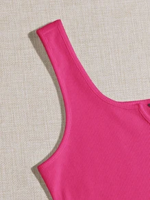 SHEIN EZwear Notched Neck Rib-knit Tank Top - Hot Pink - View 5