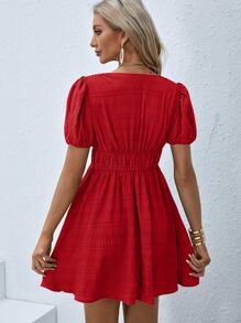SHEIN VCAY 深V領泡泡袖A字連衣裙 - 紅色 - 查看 2