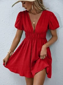 SHEIN VCAY 深V領泡泡袖A字連衣裙 - 紅色 - 查看 4
