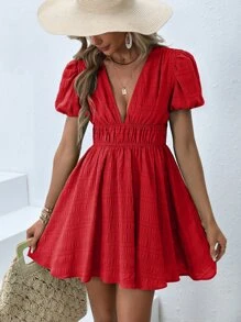 SHEIN VCAY 深V領泡泡袖A字連衣裙 - 紅色 - 查看 6