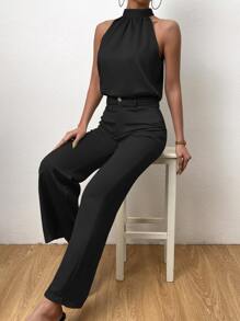 Chiquease Solid Halter Top & Wide Leg Pants - Black - View 3