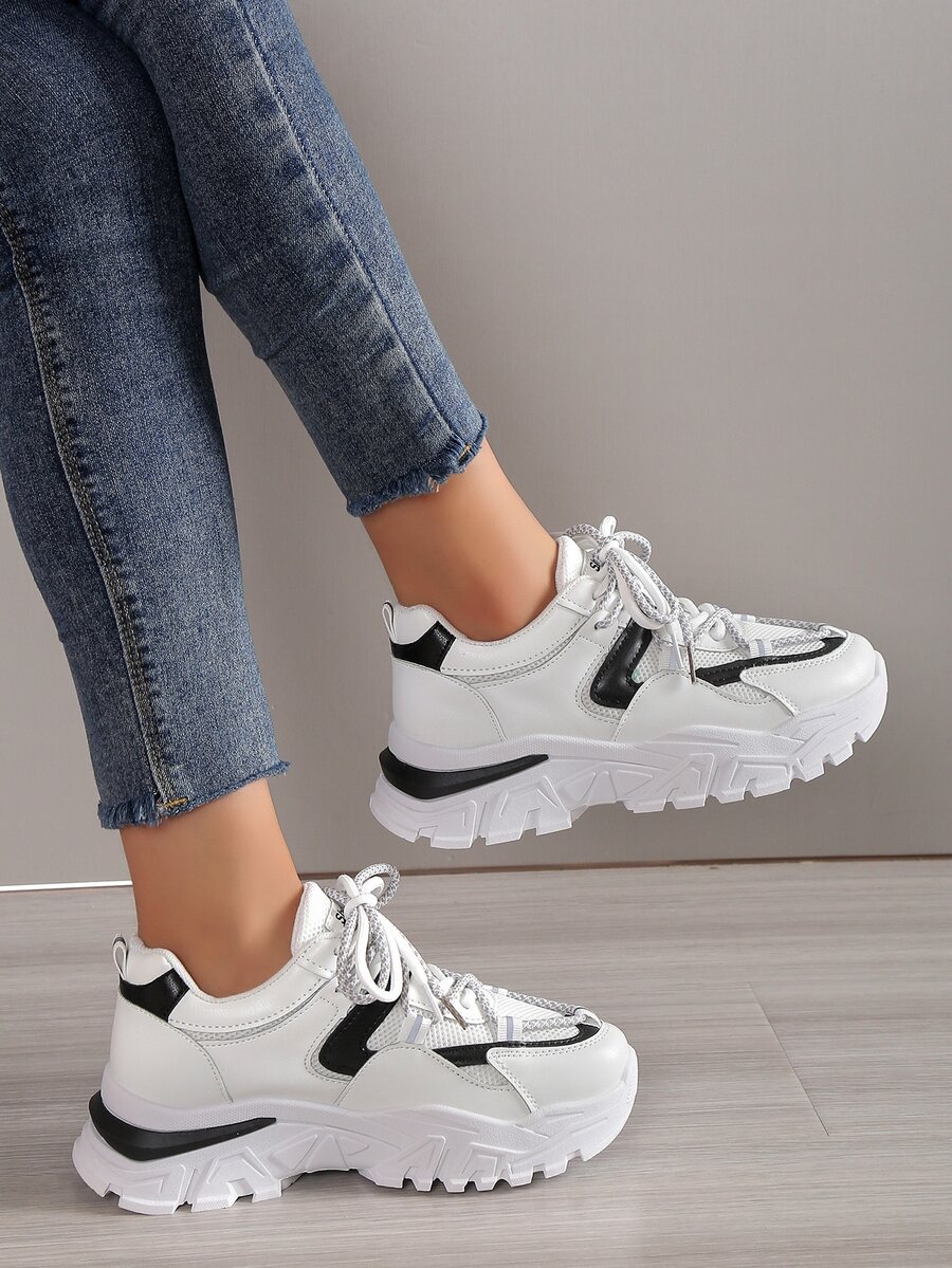 運動老爹鞋適用於女士雙色前綁帶運動鞋