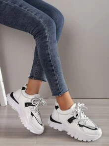 運動老爹鞋適用於女士雙色前綁帶運動鞋