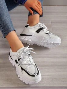 運動老爹鞋適用於女士雙色前綁帶運動鞋