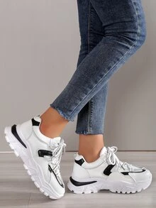 運動老爹鞋適用於女士雙色前綁帶運動鞋