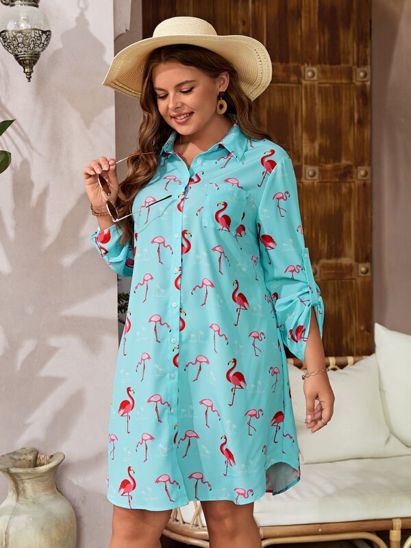 SHEIN VCAY Plus Flamingo Print Roll Tab Sleeve Shirt Dress SHEIN USA