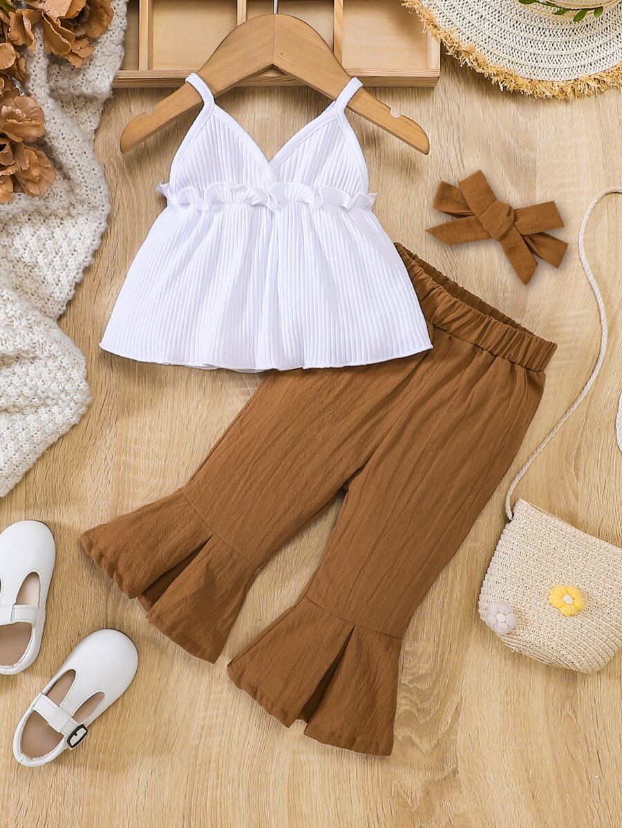 SHEIN Baby Girl Frill Trim Crisscross Cami Top & Flare Leg Pants - Multicolor - View 1