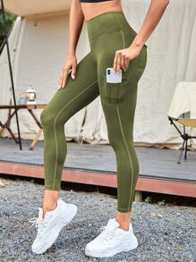 Yoga Futuristic 寬腰帶側翻蓋口袋運動打底褲 - 軍綠色 - 查看 2