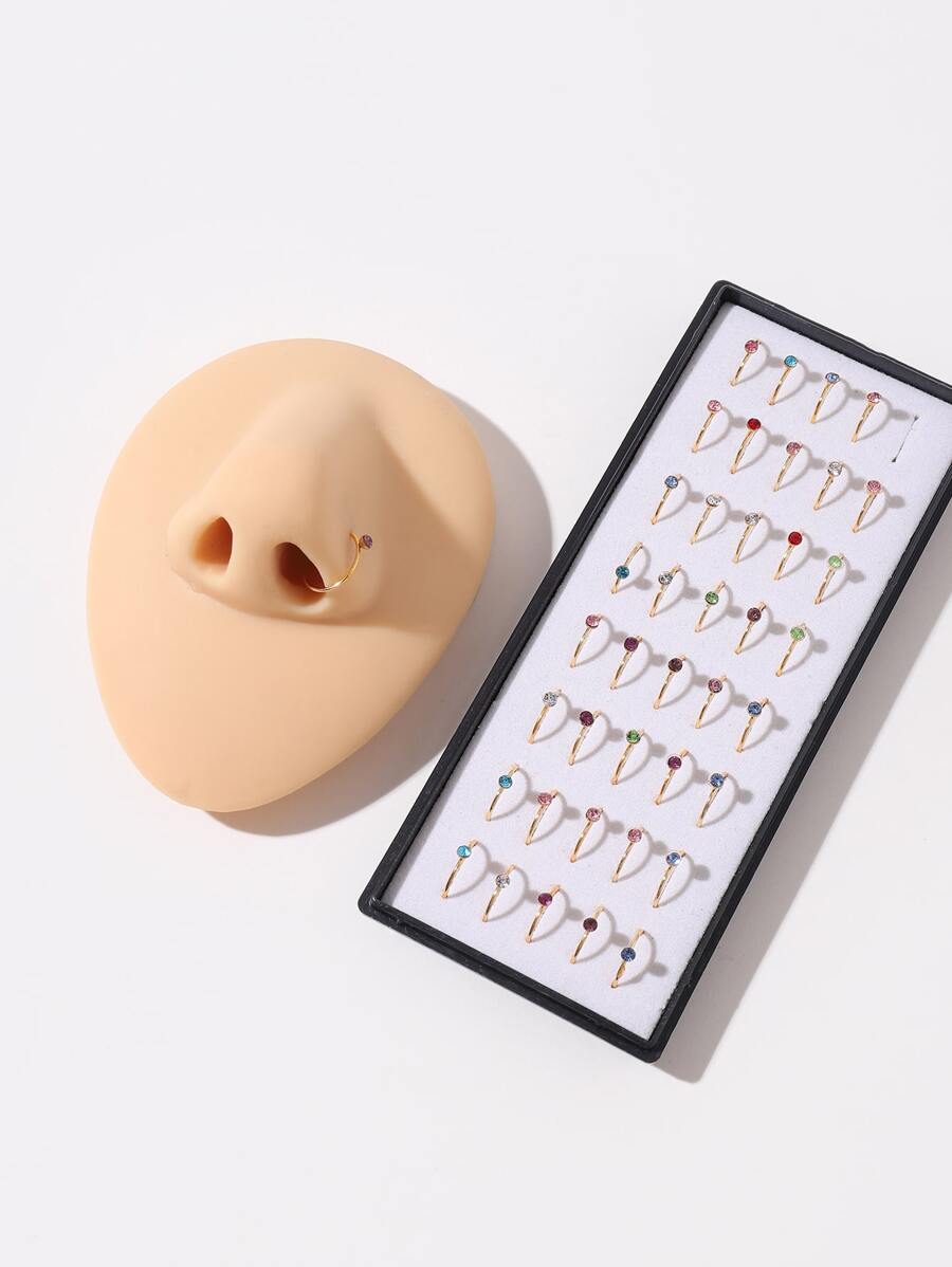 40pcs/set Stainless Steel Rhinestone Decor Nose Stud For Women & Girls