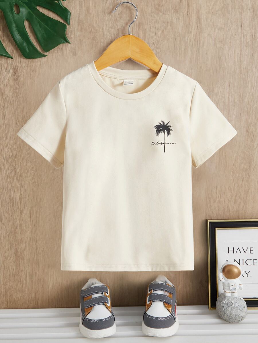 SHEIN Boys' Casual Loose Comfortable Versatile Coconut Tree Graphic Short Sleeve Top - Beige - View 1