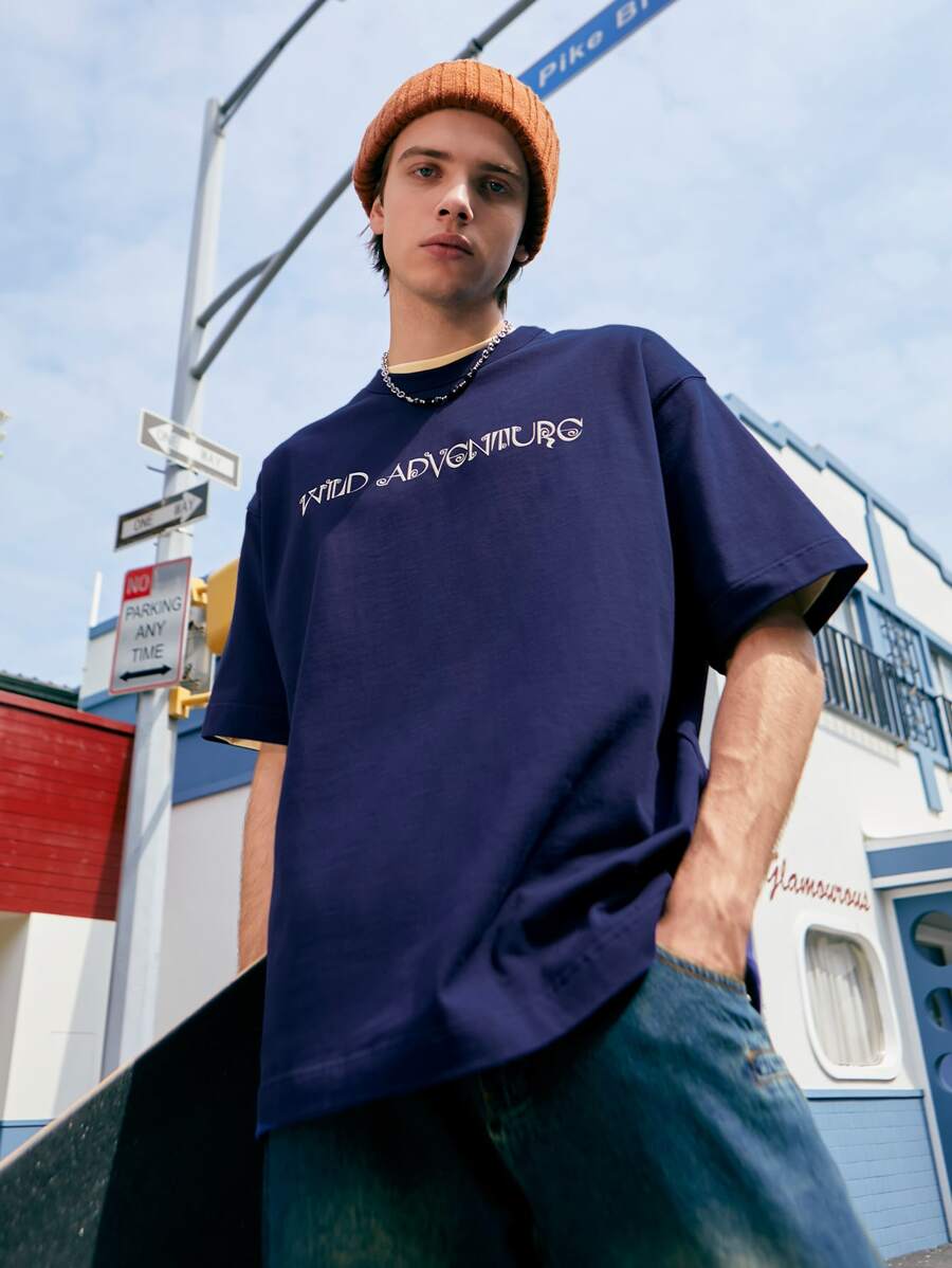 Hombres Camiseta de hombros caídos con estampado de letra - Morado Violeta - Ver 1