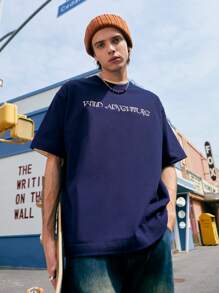 Hombres Camiseta de hombros caídos con estampado de letra - Morado Violeta - Ver 3