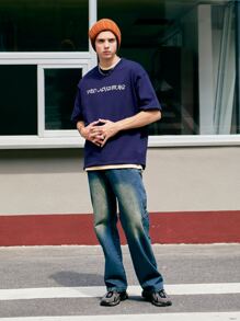 Hombres Camiseta de hombros caídos con estampado de letra - Morado Violeta - Ver 5