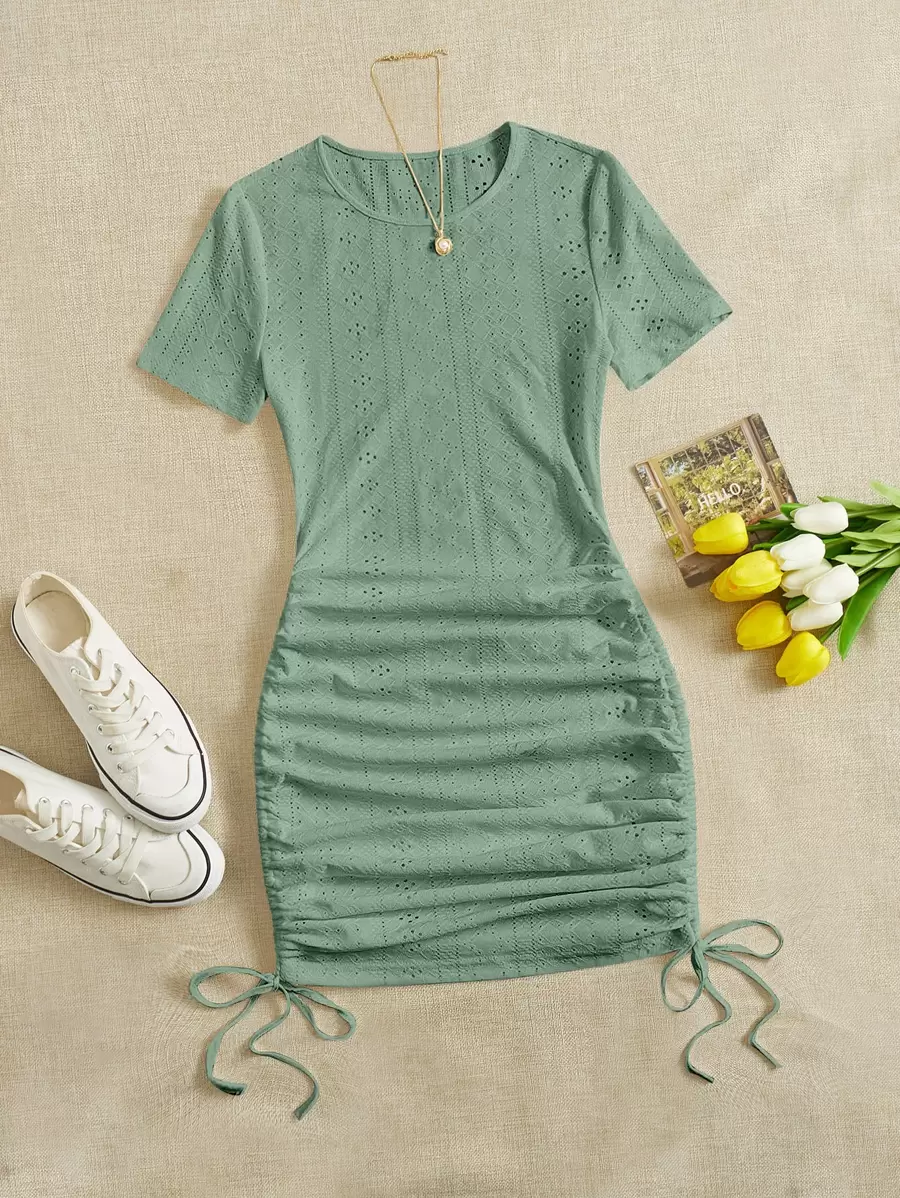 SHEIN EZwear 側抽繩網眼刺繡緊身洋裝 - 薄荷綠 - 查看 1